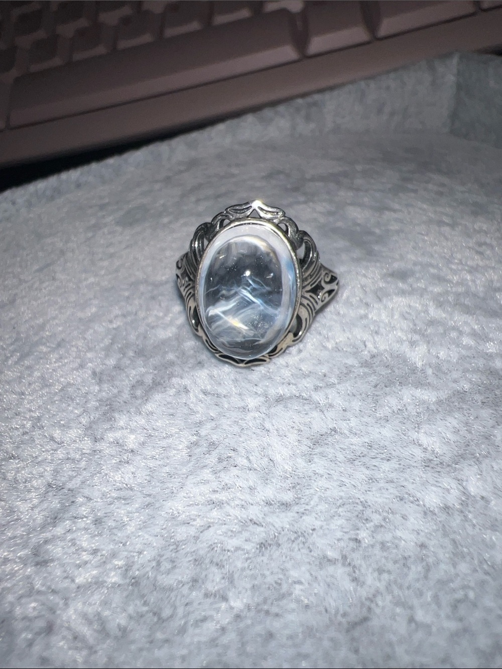 Sterling Silver blue needle Quartz Oval Ring - Clear Stone